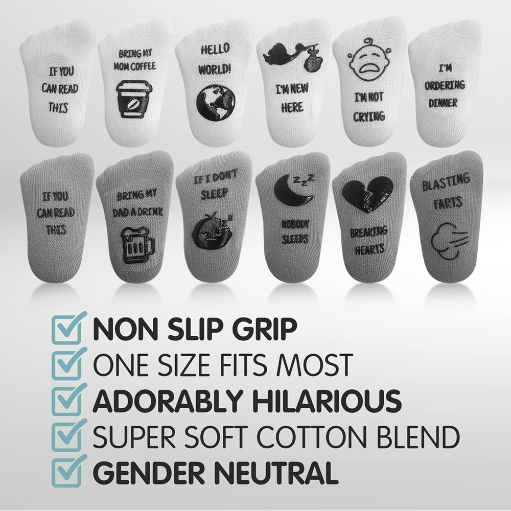 Brand NWT pack of 6 funny baby socks in a gift box 0-12 months